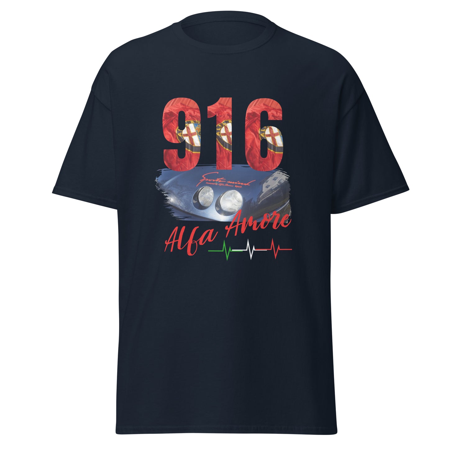 Marineblaues T-Shirt mit rotem Alfa Amore 916 Aufdruck