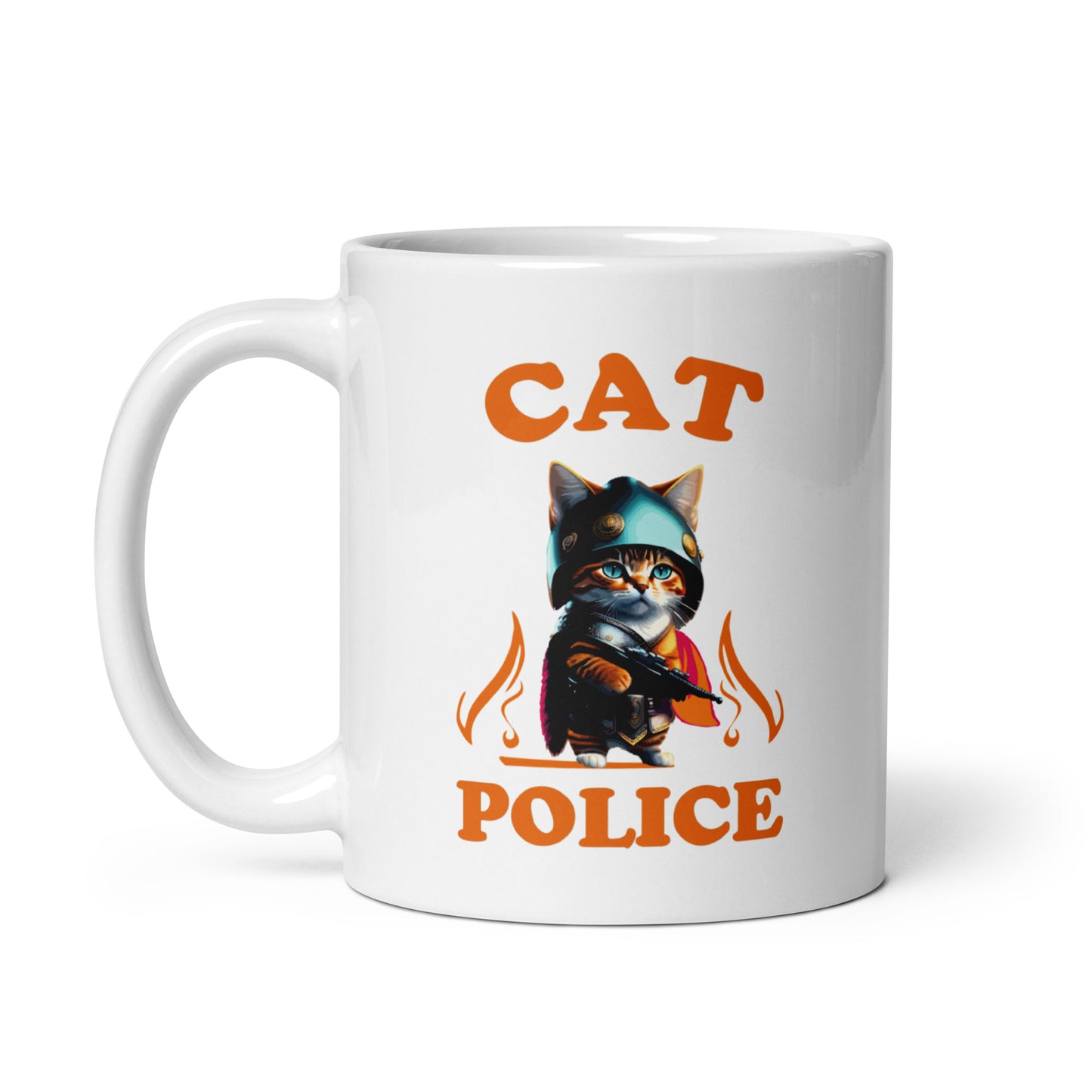 Weiße, glänzende Tasse Cat Police 11 oz