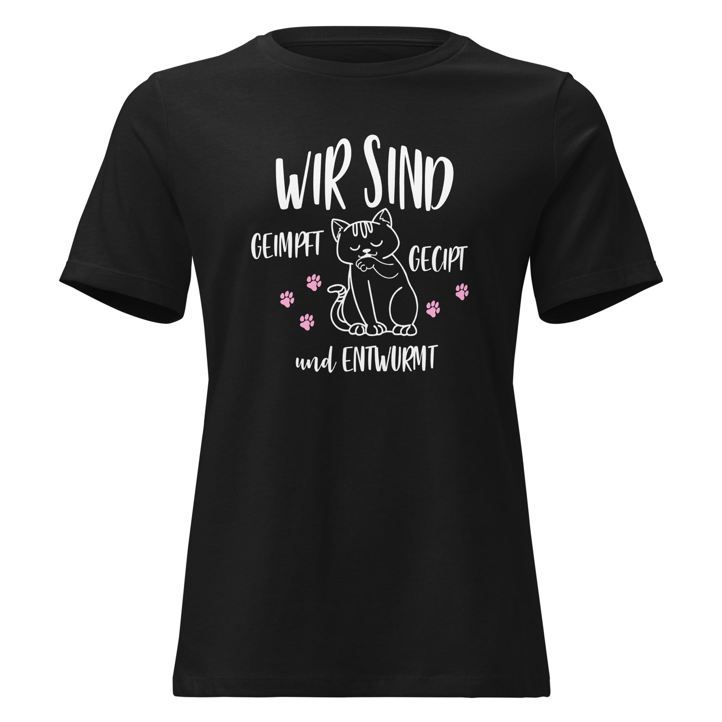 T-Shirt mit Katze und Spruch Wir sind geimpft, gecipt und entwurmt