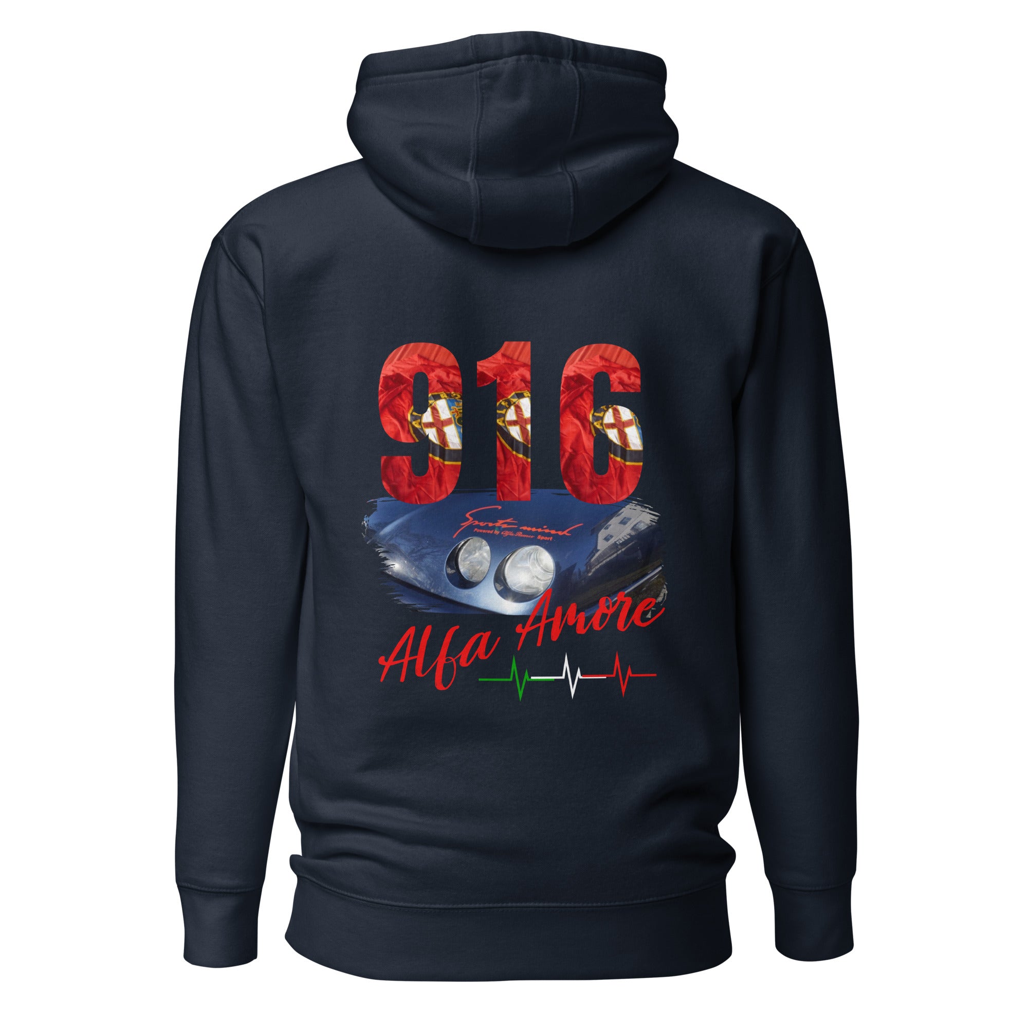 Unisex-Kapuzenpullover Alfa Amore 916 Herzschlag DTFlex Druck hinten