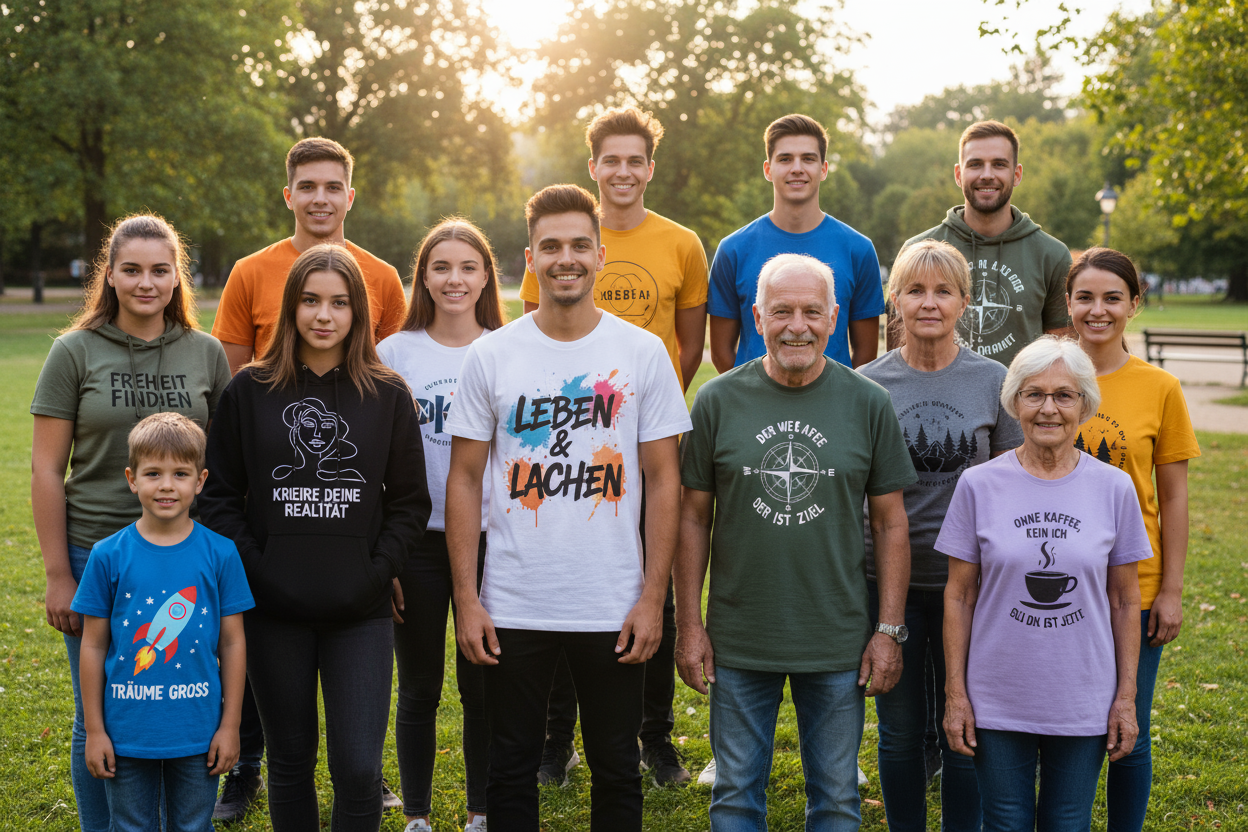 Eine Gruppe Personen von jung bis alt bekleidet mit T-Shirts und Hoodies auf denen einzigartige exklusive Designs und Sprüche zu sehen sind.