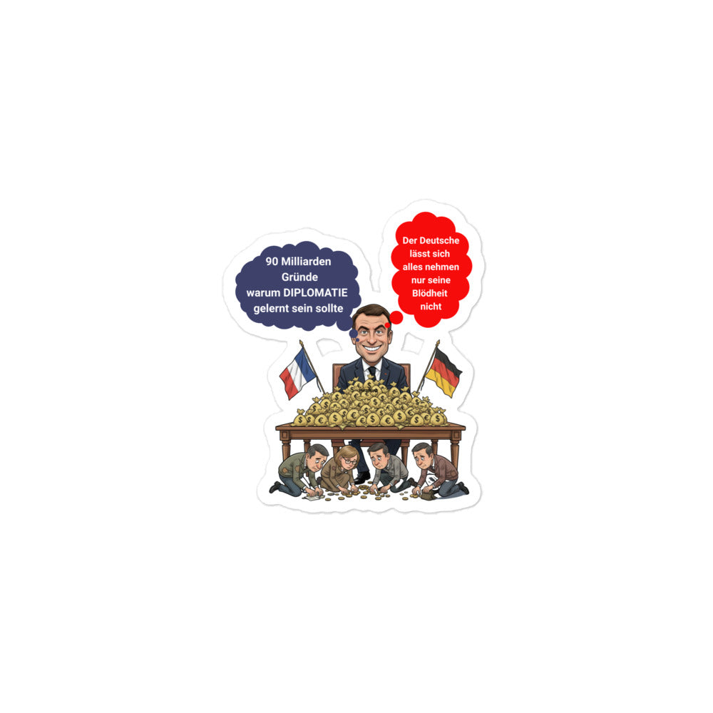 Blasenfreie Aufkleber Satire-Aufkleber: "90 Milliarden & Diplomatie" – Politisches Statement-Sticker für Auto, Laptop & mehr