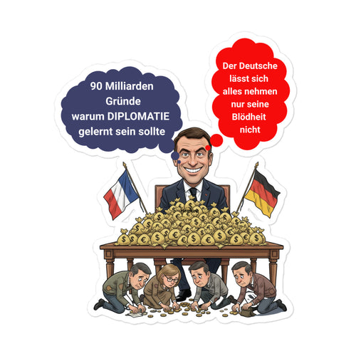 Blasenfreie Aufkleber Satire-Aufkleber: "90 Milliarden & Diplomatie" – Politisches Statement-Sticker für Auto, Laptop & mehr