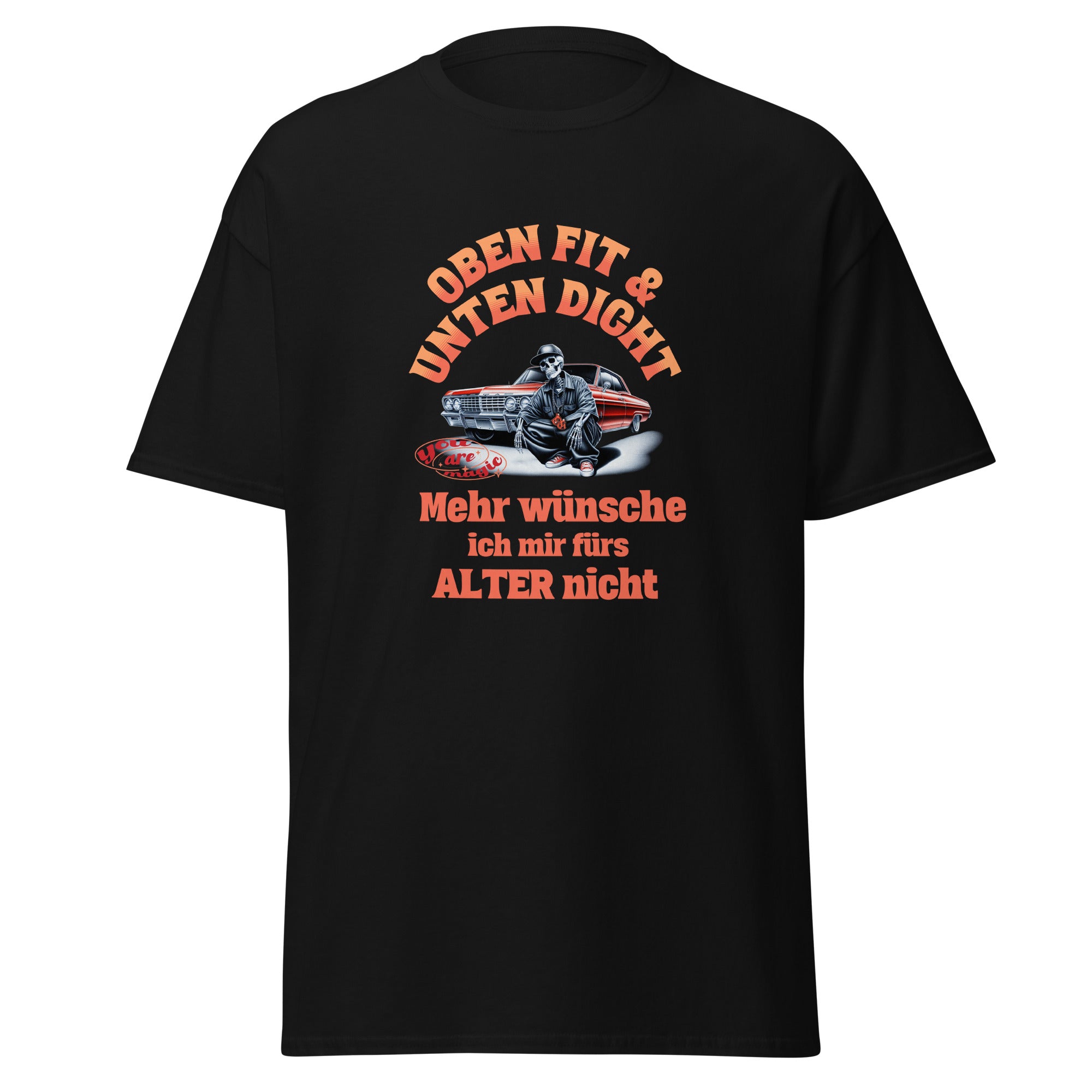 Unisex T-Shirt Oldtimer – US-Classic Car Motiv – Lustiger Spruch „Oben fit & unten dicht“ – Perfektes Geschenk für Männer & Väter