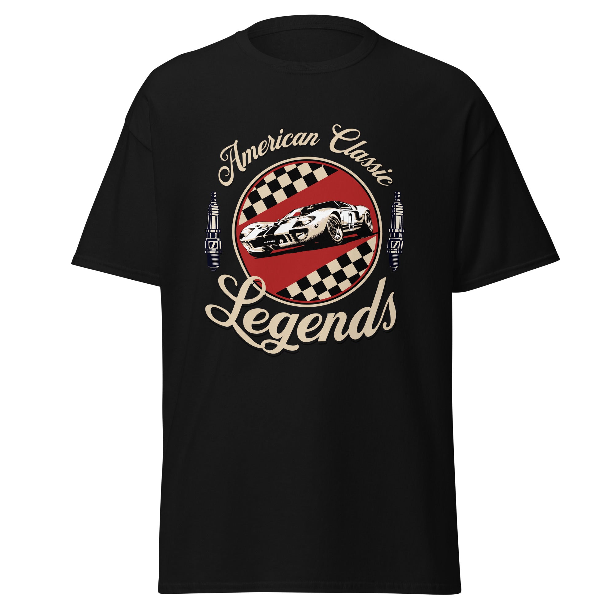 Unisex T-Shirt American Classic Legends T-Shirt – US-Muscle Car Design mit Zielflagge & Zündkerzen – Vintage Automotive Style
