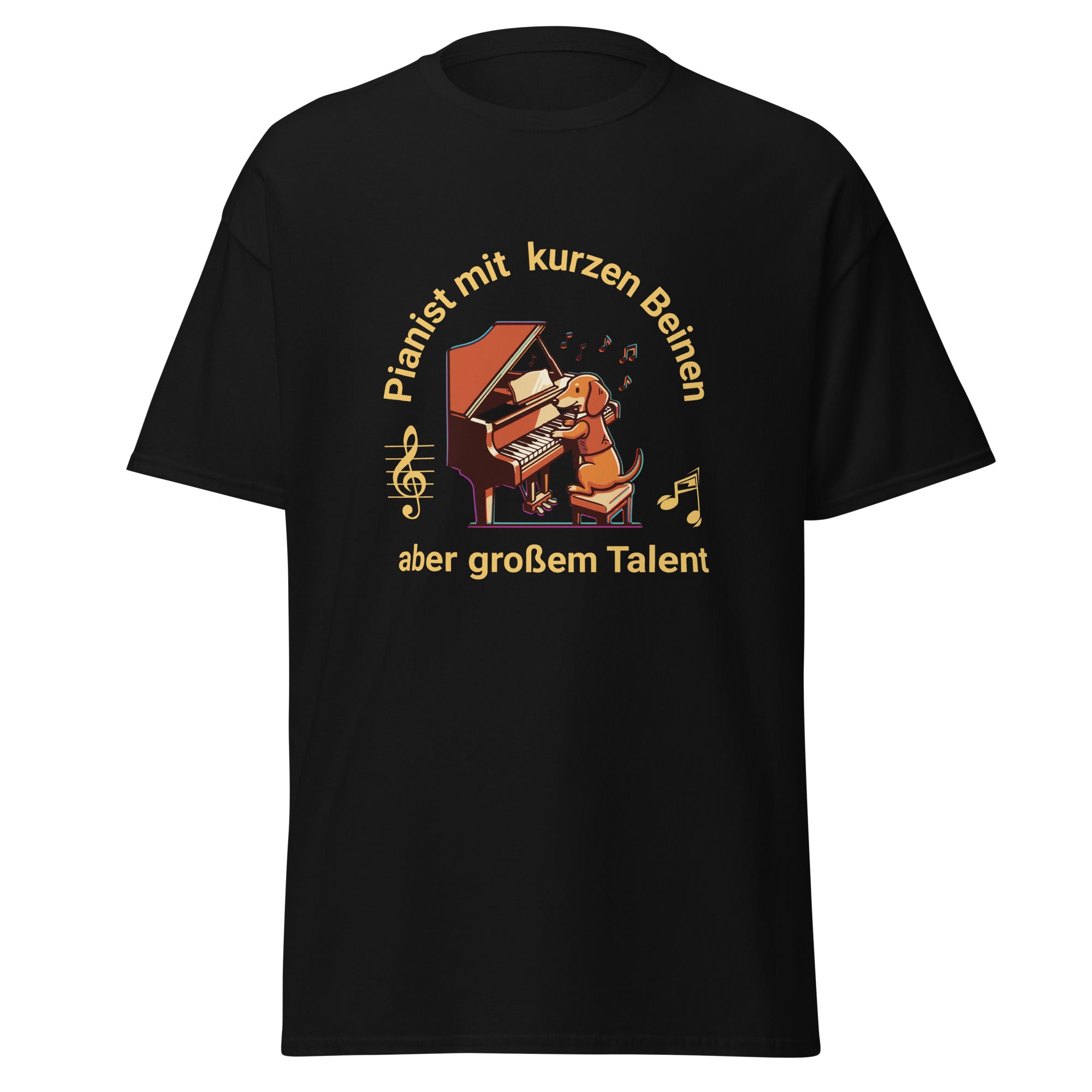Lustiges Dackel Unisex T-Shirt – Pianist mit kurzen Beinen, aber großem Talent – Klavier & Flügel Design