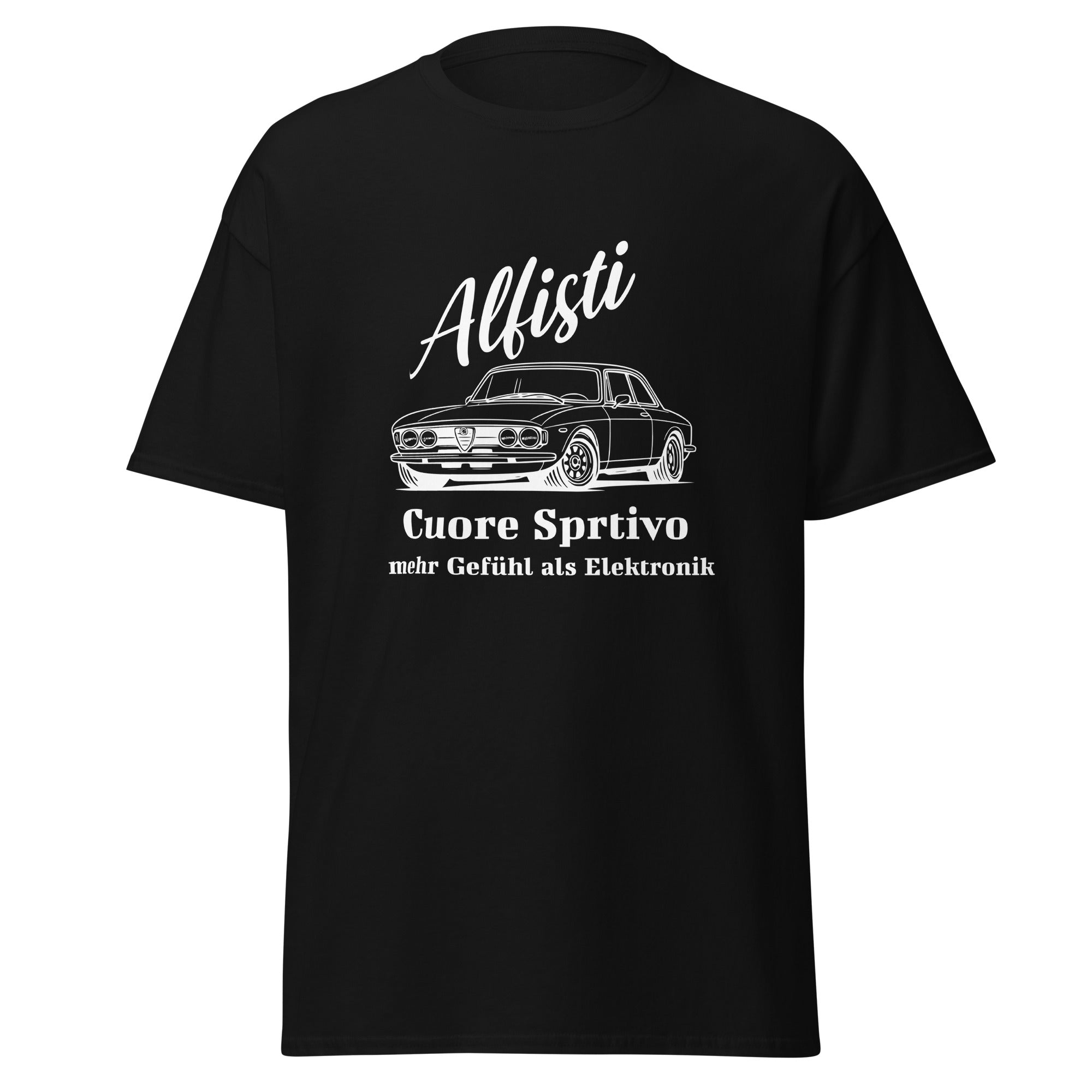 Das Alfisti Cuore Sportivo T‑Shirt von funnydesigns.de verbindet italienische Leidenschaft mit klassischem Automobil‑Design. Der ikonische Schriftzug „Alfisti Cuore Sportivo“ steht für echte Alfa‑Romeo‑Emotionen: Herz, Klang, Mechanik und puren Fahrspaß.