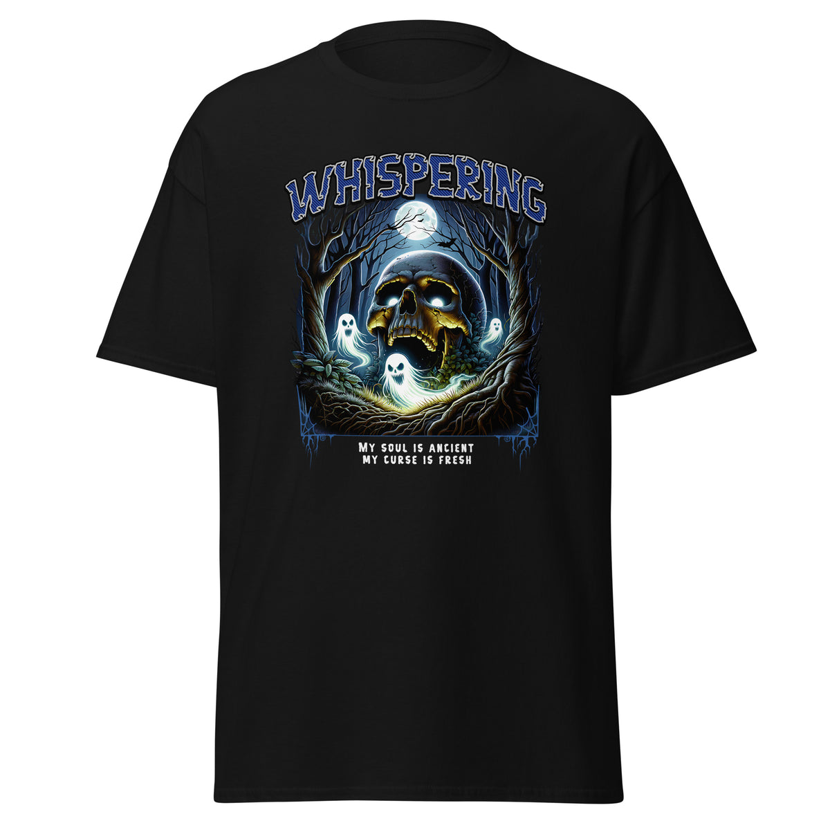Halloween T-Shirt Totenkopf im Wald mit Geistern – "Whispering"