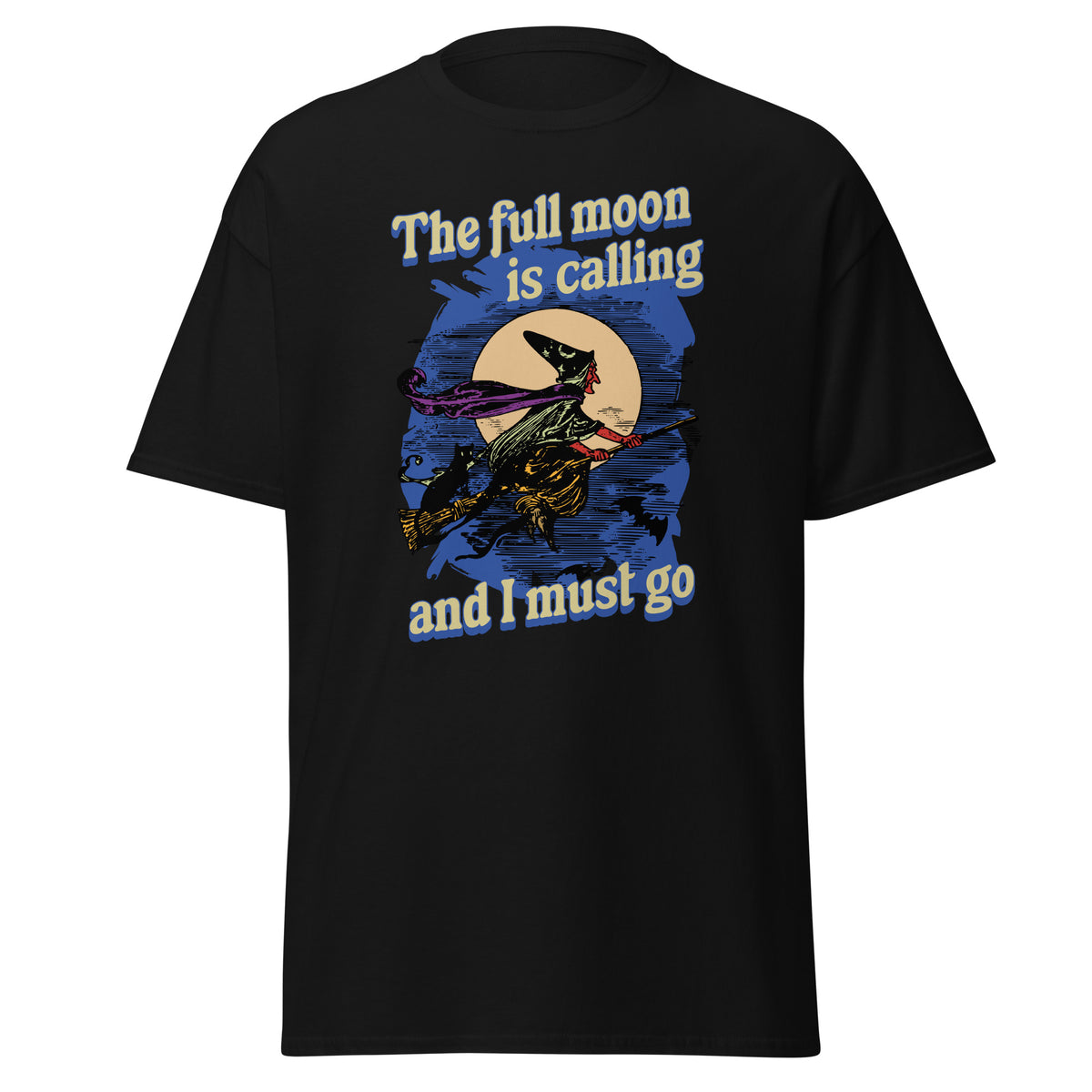 Halloween T-Shirt Hexe auf Besen mit Katze – "Full Moon Is Calling"