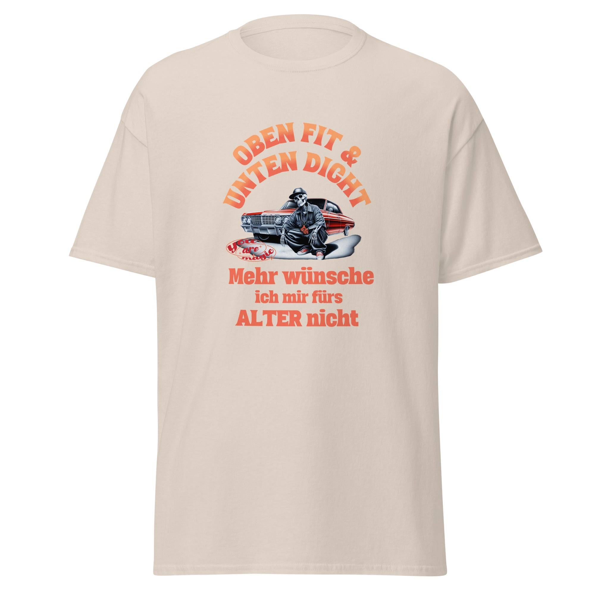 Unisex T-Shirt Oldtimer – US-Classic Car Motiv – Lustiger Spruch „Oben fit & unten dicht“ – Perfektes Geschenk für Männer & Väter