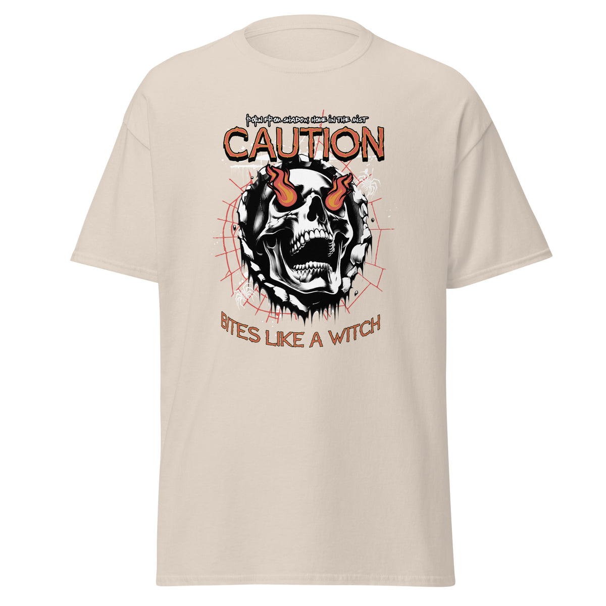 Halloween T-Shirt Totenkopf mit Flammen – "Bites Like a Witch"