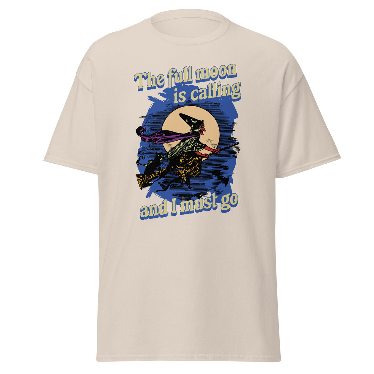 Halloween T-Shirt Hexe auf Besen mit Katze – "Full Moon Is Calling"