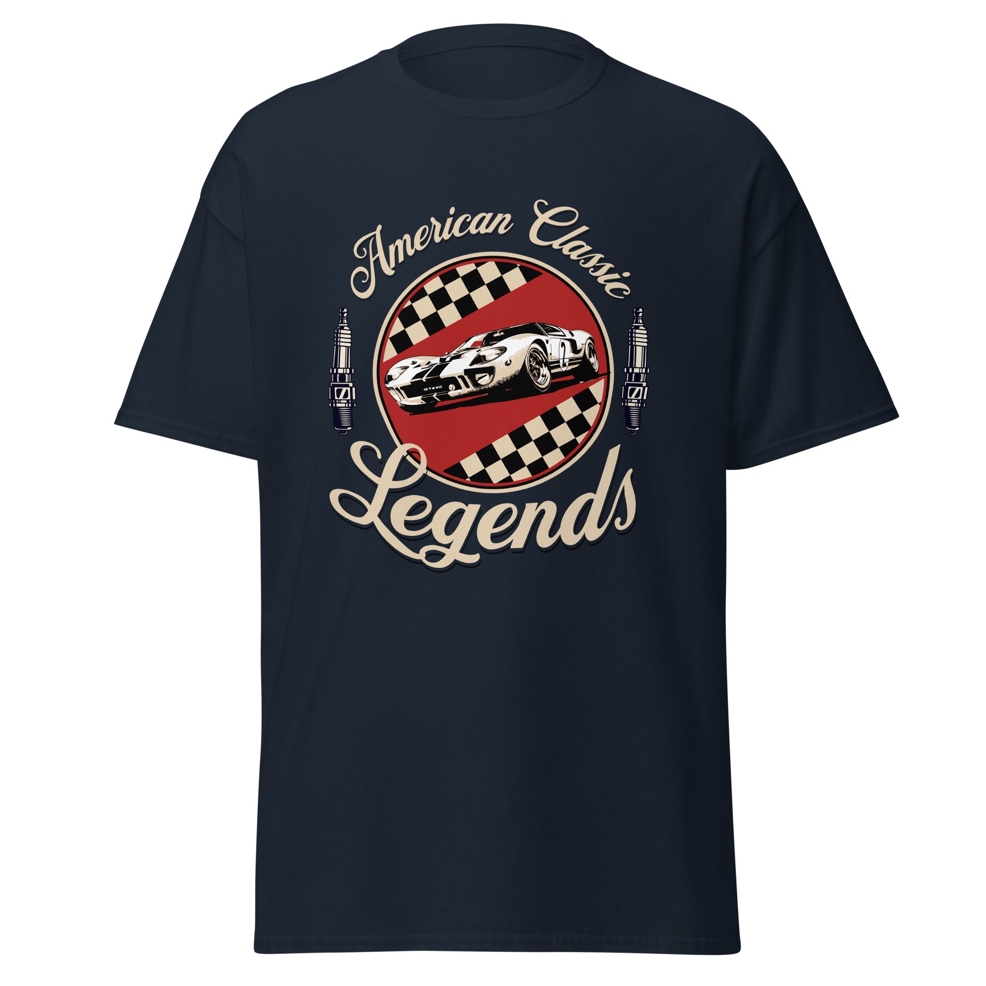 Unisex T-Shirt American Classic Legends T-Shirt – US-Muscle Car Design mit Zielflagge & Zündkerzen – Vintage Automotive Style