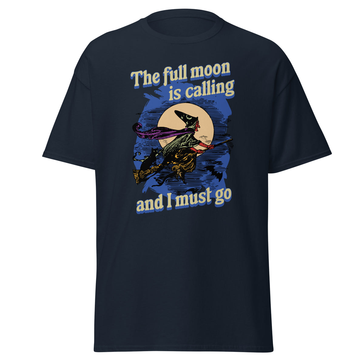 Halloween T-Shirt Hexe auf Besen mit Katze – "Full Moon Is Calling"