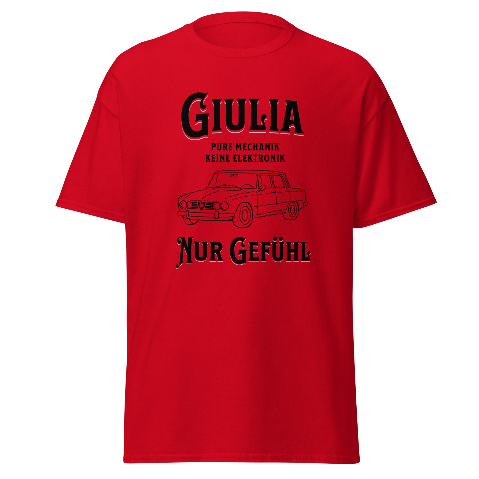 Ein minimalistisches Alfisti‑T‑Shirt mit der ikonischen Giulia 105 als Strichzeichnung. Der Slogan „pure Mechanik, keine Elektronik, nur Gefühl“ feiert echten analogen Fahrspaß. Perfekt für Alfa‑Fans, Oldtimer‑Liebhaber und alle, die italienische Automobilkultur leben.