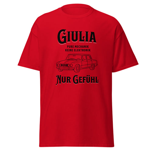 Ein minimalistisches Alfisti‑T‑Shirt mit der ikonischen Giulia 105 als Strichzeichnung. Der Slogan „pure Mechanik, keine Elektronik, nur Gefühl“ feiert echten analogen Fahrspaß. Perfekt für Alfa‑Fans, Oldtimer‑Liebhaber und alle, die italienische Automobilkultur leben.