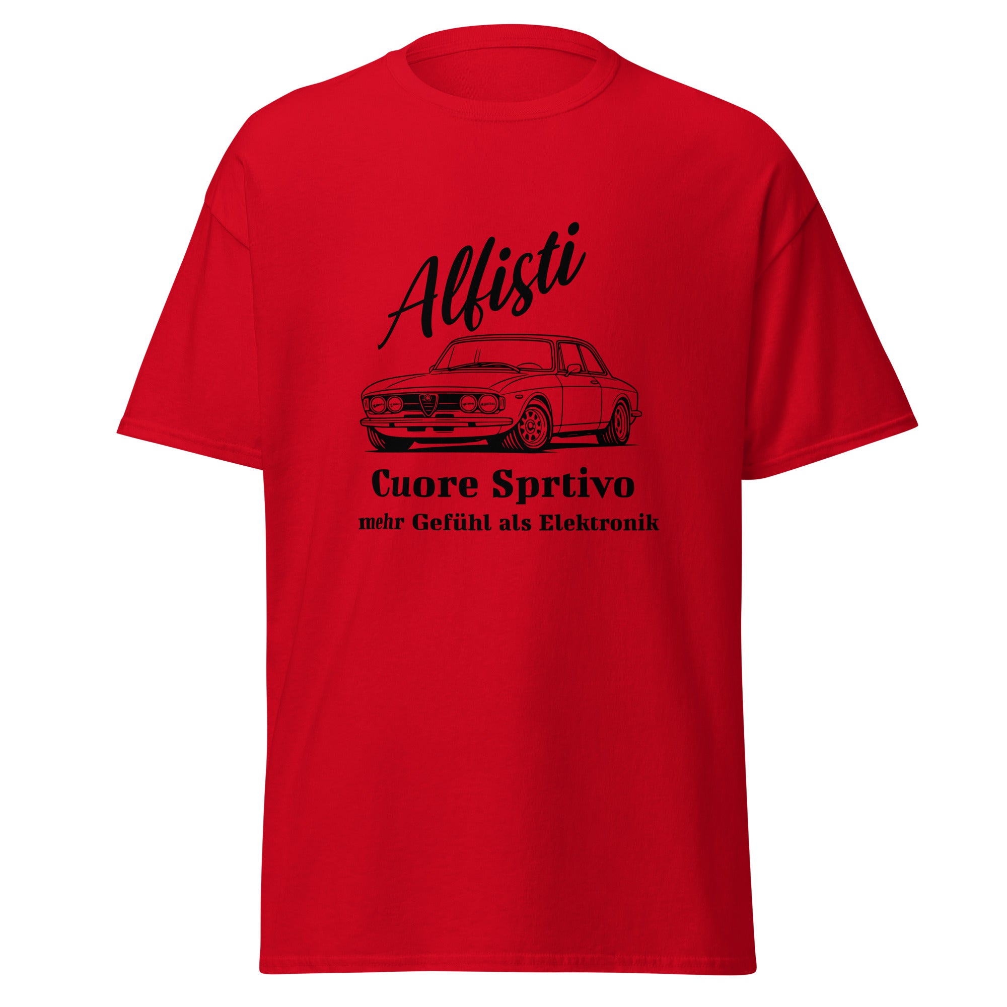 Das Alfisti Cuore Sportivo T‑Shirt von funnydesigns.de verbindet italienische Leidenschaft mit klassischem Automobil‑Design. Der ikonische Schriftzug „Alfisti Cuore Sportivo“ steht für echte Alfa‑Romeo‑Emotionen: Herz, Klang, Mechanik und puren Fahrspaß.