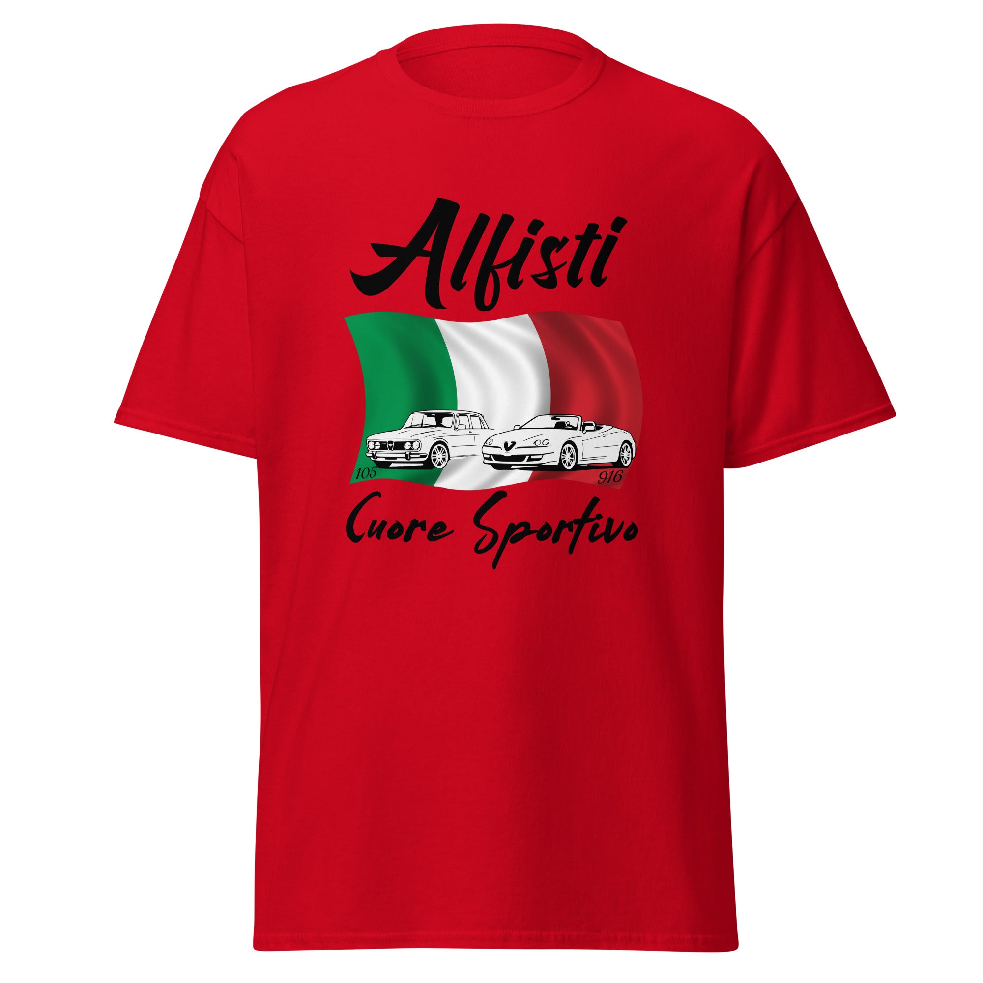 Alfisti T-Shirt mit Alfa Romeo Giulia 105, Spider 916 &amp; italienischer Flagge. Cuore Sportivo Motiv für echte Alfa-Fans.