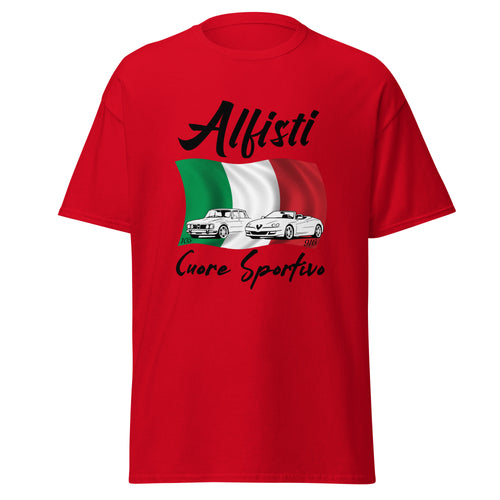 Alfisti T-Shirt mit Alfa Romeo Giulia 105, Spider 916 &amp; italienischer Flagge. Cuore Sportivo Motiv für echte Alfa-Fans.