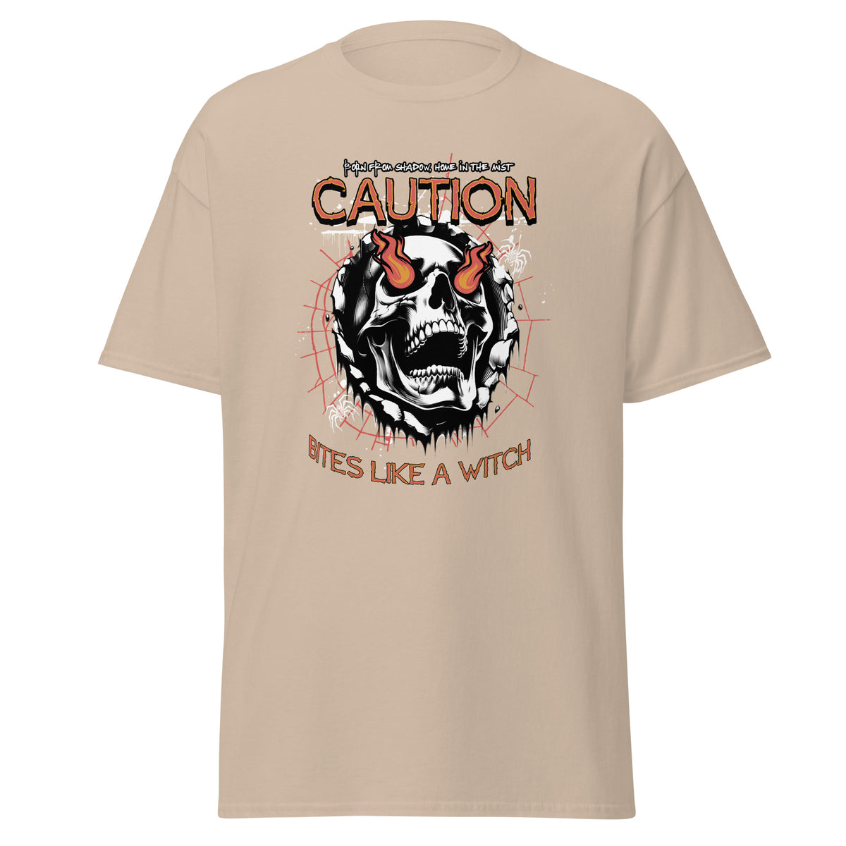 Halloween T-Shirt Totenkopf mit Flammen – "Bites Like a Witch"