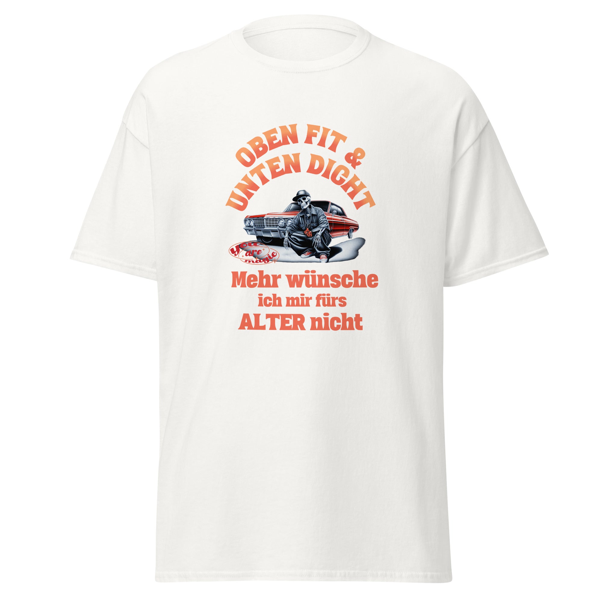 Unisex T-Shirt Oldtimer – US-Classic Car Motiv – Lustiger Spruch „Oben fit & unten dicht“ – Perfektes Geschenk für Männer & Väter