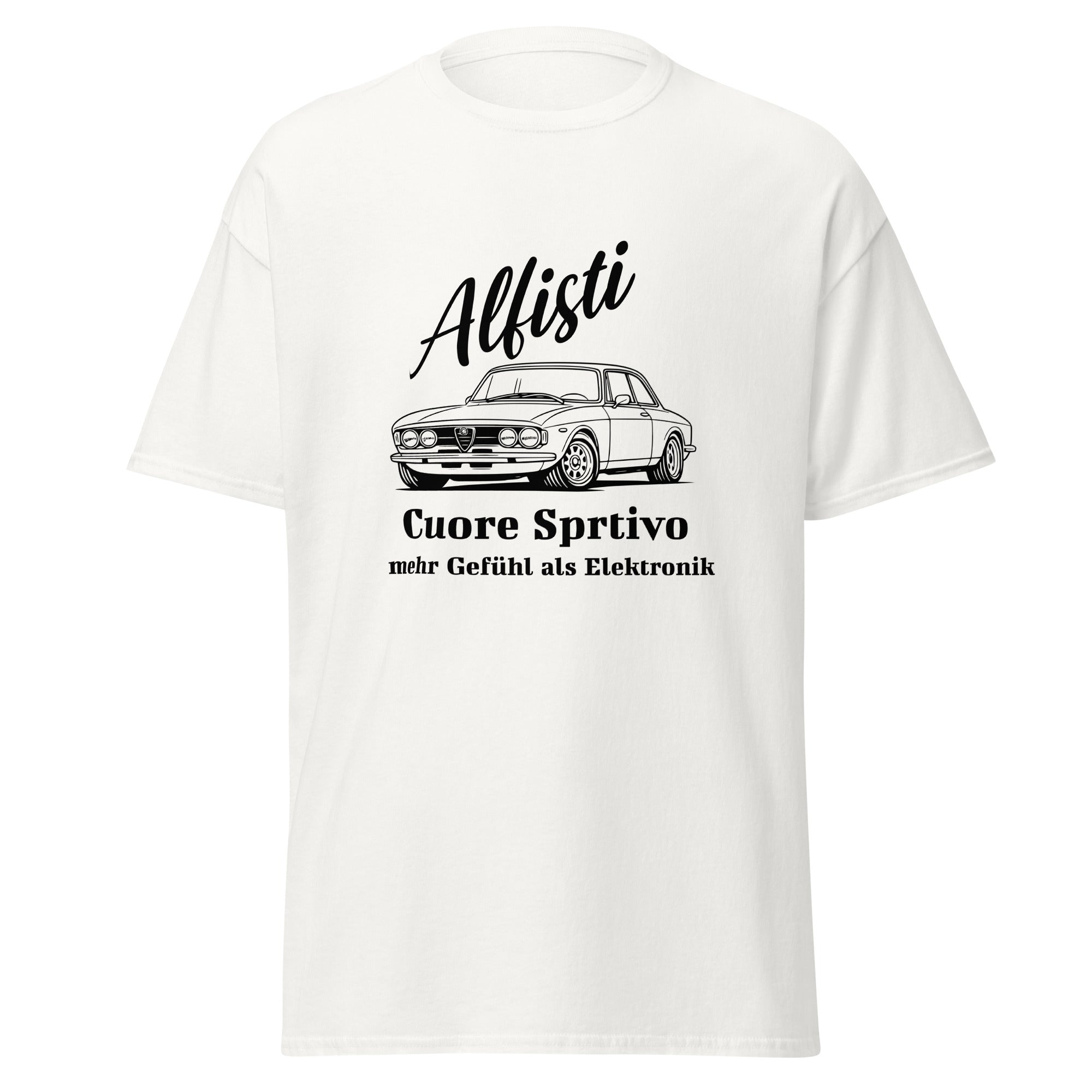 Das Alfisti Cuore Sportivo T‑Shirt von funnydesigns.de verbindet italienische Leidenschaft mit klassischem Automobil‑Design. Der ikonische Schriftzug „Alfisti Cuore Sportivo“ steht für echte Alfa‑Romeo‑Emotionen: Herz, Klang, Mechanik und puren Fahrspaß.