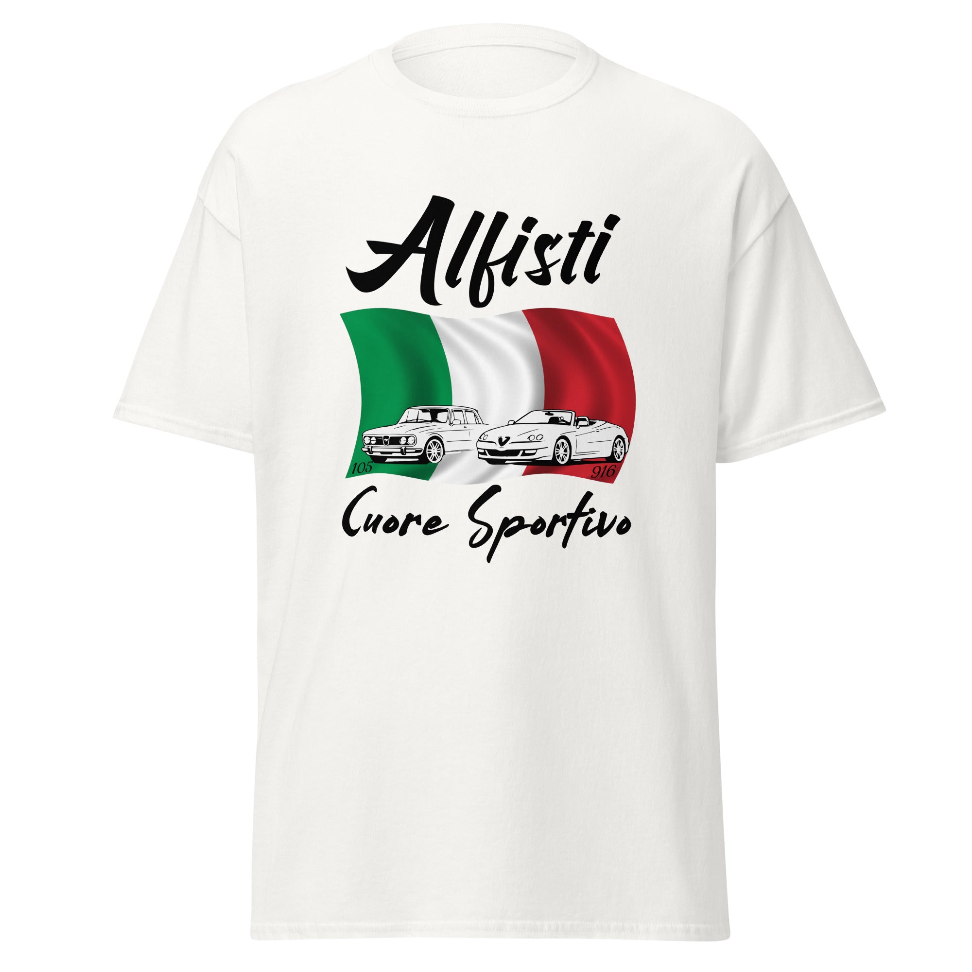 Alfisti T-Shirt mit Alfa Romeo Giulia 105, Spider 916 &amp; italienischer Flagge. Cuore Sportivo Motiv für echte Alfa-Fans.