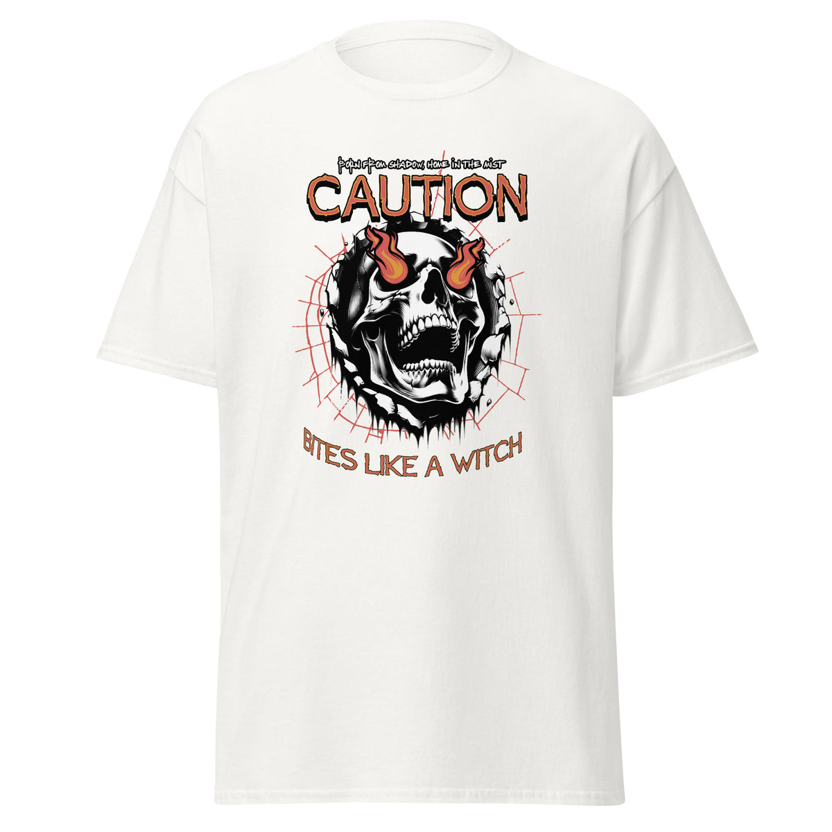 Halloween T-Shirt Totenkopf mit Flammen – "Bites Like a Witch"