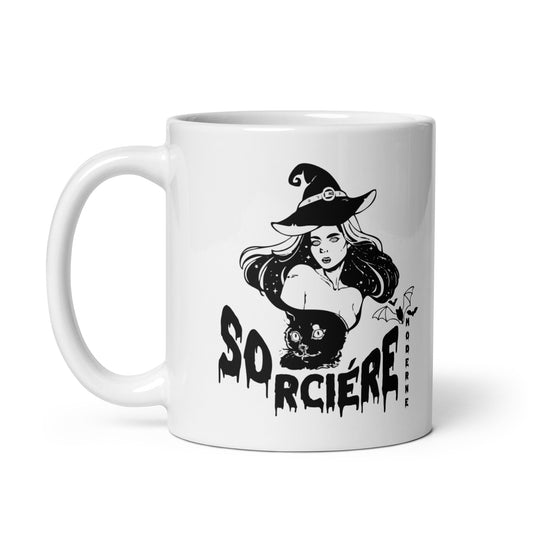 Weiße, glänzende Tasse mit modernem Hexen Design 11 oz