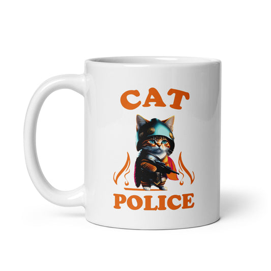 Weiße, glänzende Tasse Cat Police 11 oz