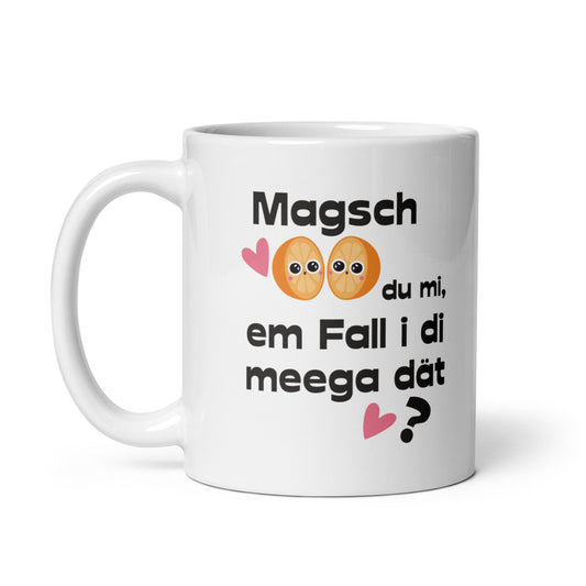 Weiße, glänzende Tasse Magsch du mi 11 oz