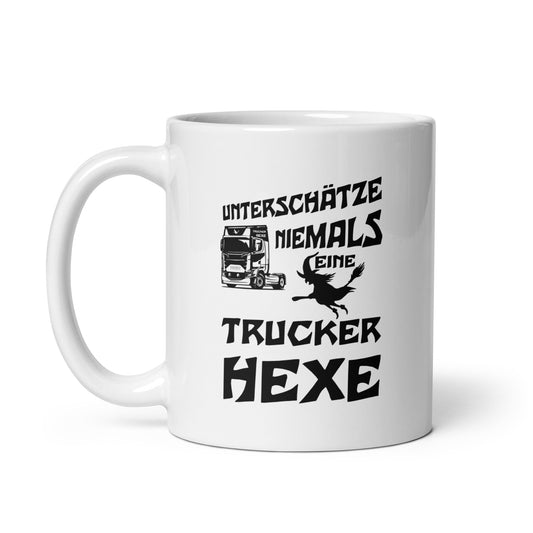 Weiße, glänzende Tasse Trucker Hexe 11 oz