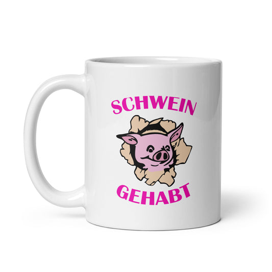 Weiße, glänzende Tasse Schwein gehabt 11 oz